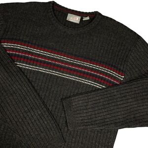 Y2K Breakdown Mens Medium Grey Ribbed Wool Blend Striped Crewneck Sweater Skater